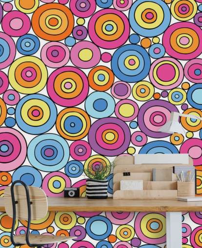 Papier Peint Motif Cercle Rose, Violet, Bleu et Orange