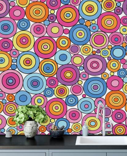 Carta da parati con motivo a cerchi rosa viola blu e arancione