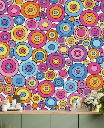 Papier Peint Motif Cercle Rose, Violet, Bleu et Orange Papier Peint Motif Cercle Rose, Violet, Bleu et Orange