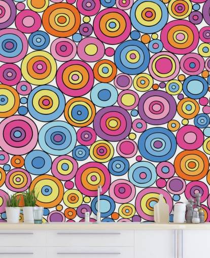 Pink, Lila, Blau und Orange Kreis Mustertapete