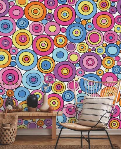Papier Peint Motif Cercle Rose, Violet, Bleu et Orange Papier Peint Motif Cercle Rose, Violet, Bleu et Orange