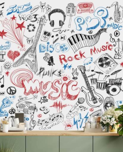 Mural de parede de montagem musical desenhado à mão Mural de parede de montagem musical desenhado à mão