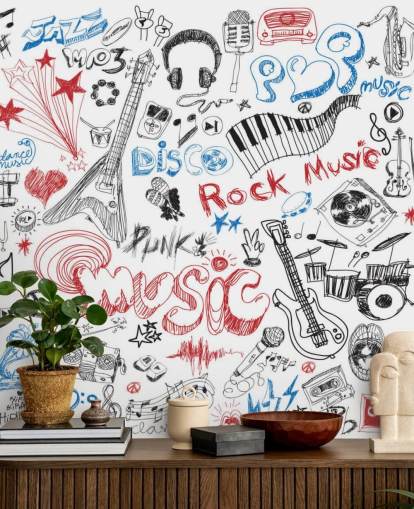 Handgetekende muziekmontage muurschildering Handgetekende muziekmontage muurschildering
