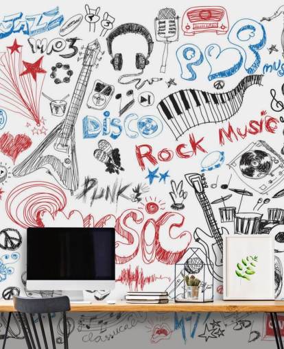 Handgetekende muziekmontage muurschildering