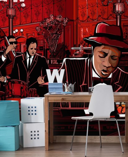 Papier Peint Fresque Club de Jazz Rouge et Noir