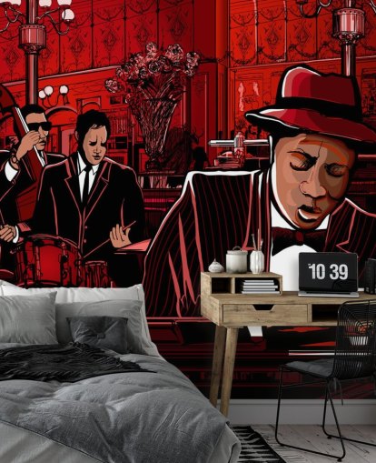 Decorazione murale con pittura jazz club rossa e nera
