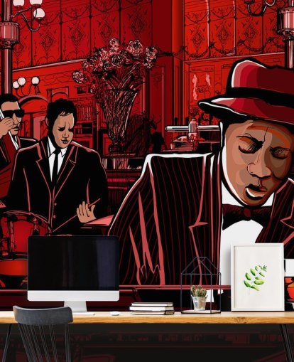 Papier Peint Fresque Club de Jazz Rouge et Noir