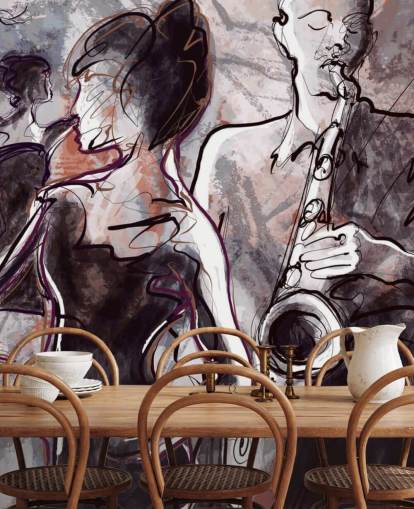 mural ilustrado de papel pintado de jazz llamado Jazz Band and Dancers para hogares, escuelas y locales
