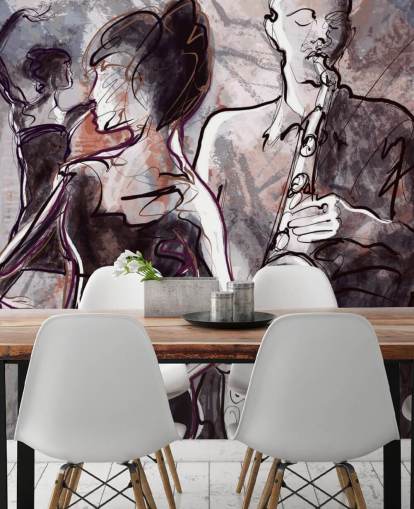 illustrated jazz wallpaper mural called Jazz Band and Dancers for homes, schools and venues