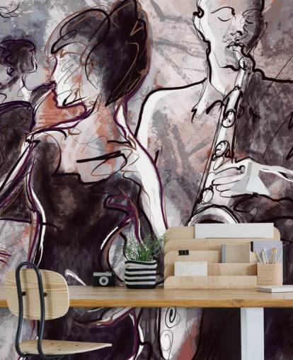 mural ilustrado de papel pintado de jazz llamado Jazz Band and Dancers para hogares, escuelas y locales