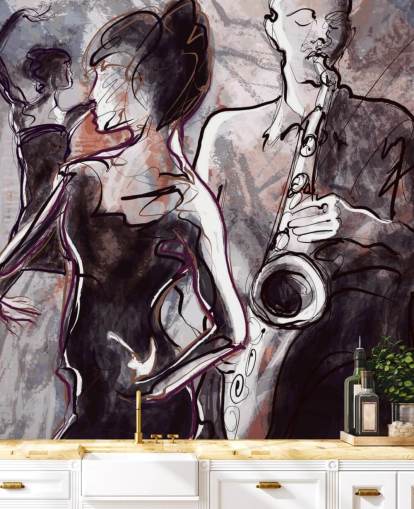 illustrert jazz tapet veggmaleri kalt Jazz Band and Dancers for hjem, skoler og arenaer