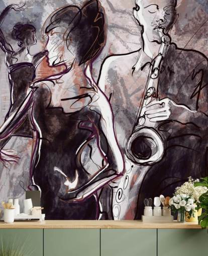illustriertes Jazz-Tapeten-Wandbild mit dem Titel Jazz Band and Dancers für Häuser, Schulen und Veranstaltungsorte illustriertes Jazz-Tapeten-Wandbild mit dem Titel Jazz Band and Dancers für Häuser, Schulen und Veranstaltungsorte