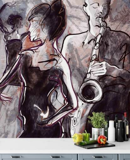 mural ilustrado de papel de parede de jazz chamado Jazz Band and Dancers para casas, escolas e locais mural ilustrado de papel de parede de jazz chamado Jazz Band and Dancers para casas, escolas e locais