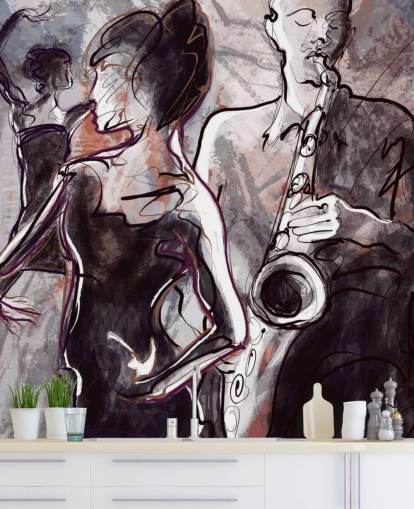 mural ilustrado de papel pintado de jazz llamado Jazz Band and Dancers para hogares, escuelas y locales mural ilustrado de papel pintado de jazz llamado Jazz Band and Dancers para hogares, escuelas y locales