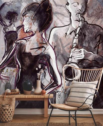 papier peint mural illustré de jazz appelé Jazz Band and Dancers pour les maisons, les écoles et les salles
