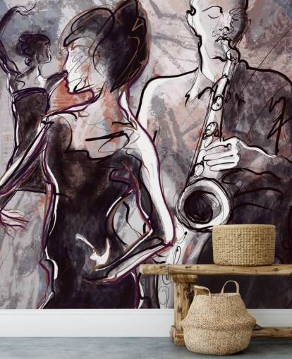 illustrated jazz wallpaper mural called Jazz Band and Dancers for homes, schools and venues
