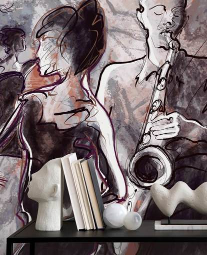 carta da parati jazz illustrata chiamata Jazz Band and Dancers per case, scuole e locali