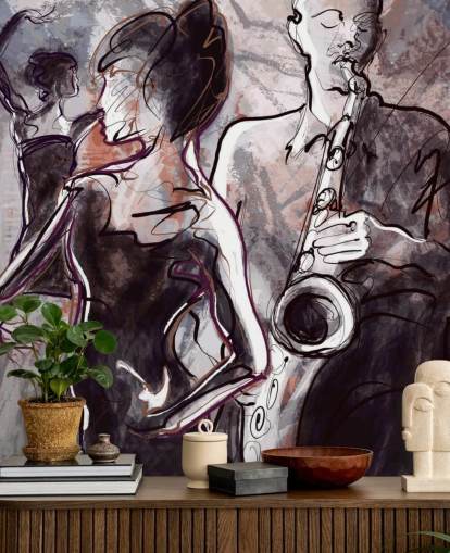 illustrated jazz wallpaper mural called Jazz Band and Dancers for homes, schools and venues