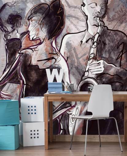 carta da parati jazz illustrata chiamata Jazz Band and Dancers per case, scuole e locali carta da parati jazz illustrata chiamata Jazz Band and Dancers per case, scuole e locali