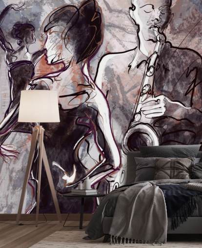 illustrated jazz wallpaper mural called Jazz Band and Dancers for homes, schools and venues