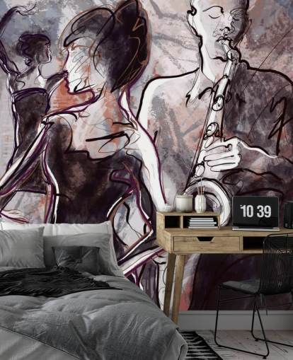 illustrated jazz wallpaper mural called Jazz Band and Dancers for homes, schools and venues illustrated jazz wallpaper mural called Jazz Band and Dancers for homes, schools and venues