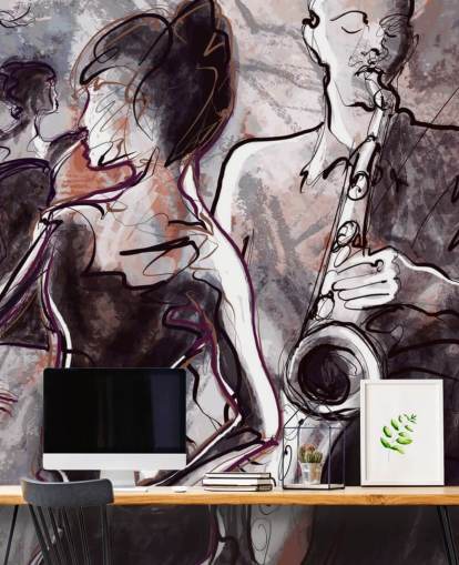 carta da parati jazz illustrata chiamata Jazz Band and Dancers per case, scuole e locali