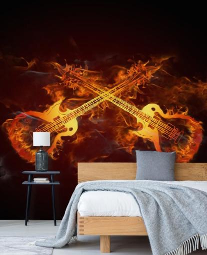 mural de papel pintado de guitarra naranja y rojo llamado Guitars on Fire at Wallsauce para dormitorios, bares y locales