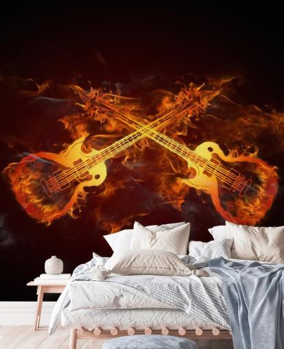 orange and red guitar wallpaper mural called Guitars on Fire at Wallsauce for bedrooms, bars and venues