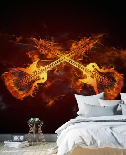 orange and red guitar wallpaper mural called Guitars on Fire at Wallsauce for bedrooms, bars and venues