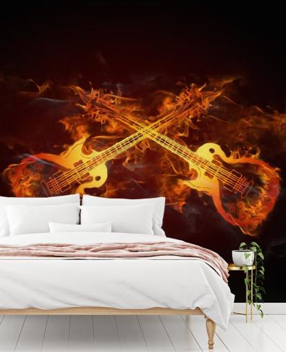 orange and red guitar wallpaper mural called Guitars on Fire at Wallsauce for bedrooms, bars and venues