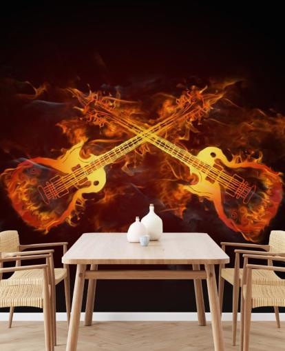 orange and red guitar wallpaper mural called Guitars on Fire at Wallsauce for bedrooms, bars and venues