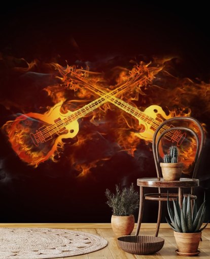 mural de papel pintado de guitarra naranja y rojo llamado Guitars on Fire at Wallsauce para dormitorios, bares y locales
