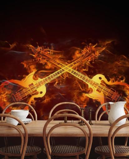 mural de papel pintado de guitarra naranja y rojo llamado Guitars on Fire at Wallsauce para dormitorios, bares y locales