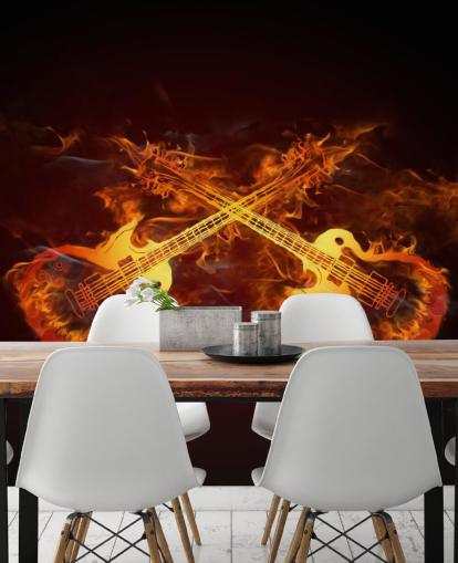 mural de papel pintado de guitarra naranja y rojo llamado Guitars on Fire at Wallsauce para dormitorios, bares y locales
