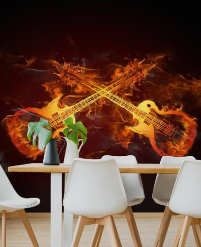 orange and red guitar wallpaper mural called Guitars on Fire at Wallsauce for bedrooms, bars and venues orange and red guitar wallpaper mural called Guitars on Fire at Wallsauce for bedrooms, bars and venues