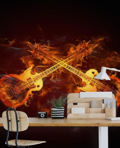 orange and red guitar wallpaper mural called Guitars on Fire at Wallsauce for bedrooms, bars and venues
