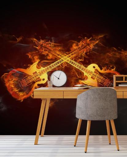 orange och röd gitarr tapetväggmålning som heter Guitars on Fire på Wallsauce för sovrum, barer och arenor orange och röd gitarr tapetväggmålning som heter Guitars on Fire på Wallsauce för sovrum, barer och arenor