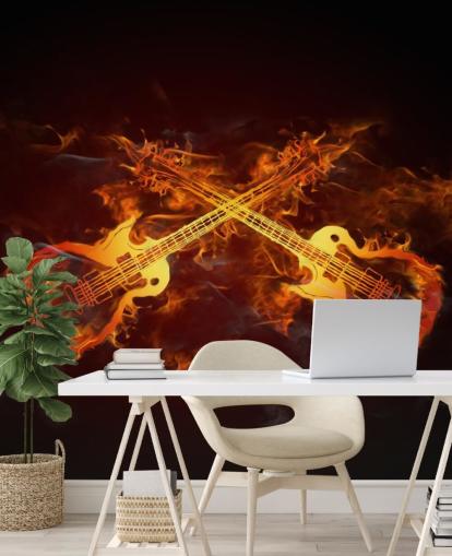 mural de papel de parede de guitarra laranja e vermelho chamado Guitars on Fire at Wallsauce para quartos, bares e locais