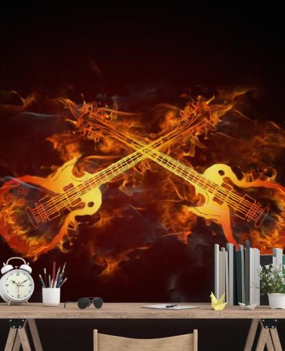 mural de papel pintado de guitarra naranja y rojo llamado Guitars on Fire at Wallsauce para dormitorios, bares y locales