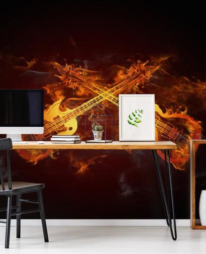 oransje og rødt gitartapet veggmaleri kalt Guitars on Fire at Wallsauce for soverom, barer og arenaer