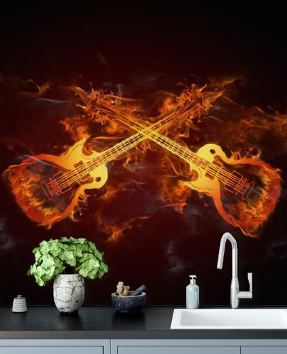 Orangefarbenes und rotes Gitarrentapeten-Wandbild mit dem Titel Guitars on Fire at Wallsauce für Schlafzimmer, Bars und Veranstaltungsorte Orangefarbenes und rotes Gitarrentapeten-Wandbild mit dem Titel Guitars on Fire at Wallsauce für Schlafzimmer, Bars und Veranstaltungsorte