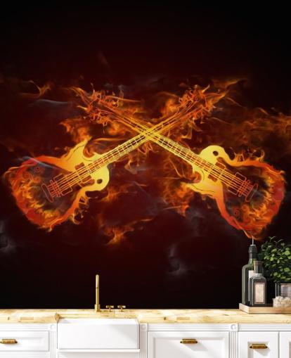 mural de papel pintado de guitarra naranja y rojo llamado Guitars on Fire at Wallsauce para dormitorios, bares y locales