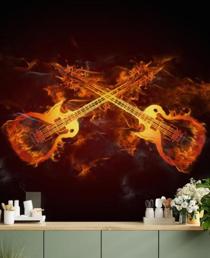 orange and red guitar wallpaper mural called Guitars on Fire at Wallsauce for bedrooms, bars and venues