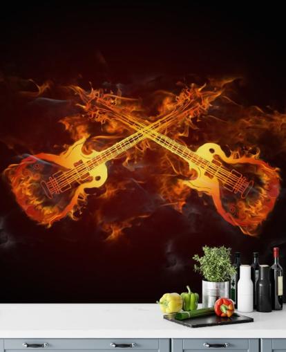orange and red guitar wallpaper mural called Guitars on Fire at Wallsauce for bedrooms, bars and venues