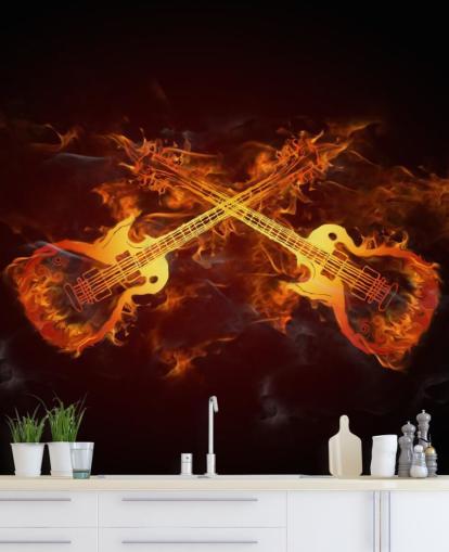 oranje en rode gitaarbehangmuurschildering genaamd Guitars on Fire at Wallsauce voor slaapkamers, bars en locaties