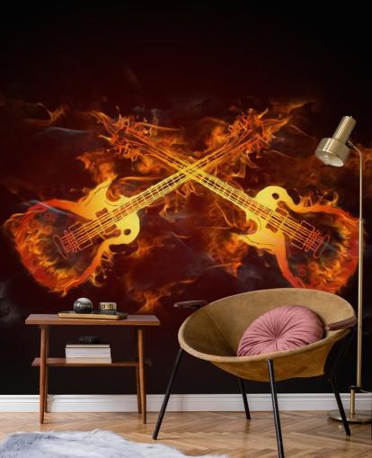 orange and red guitar wallpaper mural called Guitars on Fire at Wallsauce for bedrooms, bars and venues