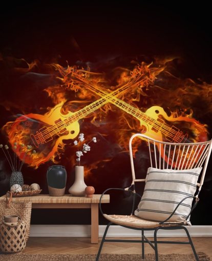 mural de papel pintado de guitarra naranja y rojo llamado Guitars on Fire at Wallsauce para dormitorios, bares y locales