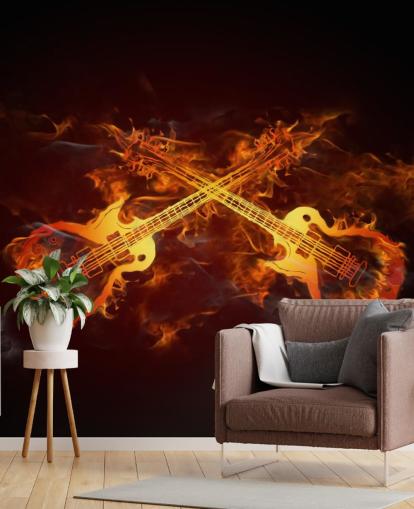 orange and red guitar wallpaper mural called Guitars on Fire at Wallsauce for bedrooms, bars and venues