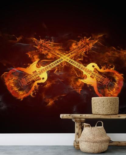 mural de papel pintado de guitarra naranja y rojo llamado Guitars on Fire at Wallsauce para dormitorios, bares y locales mural de papel pintado de guitarra naranja y rojo llamado Guitars on Fire at Wallsauce para dormitorios, bares y locales