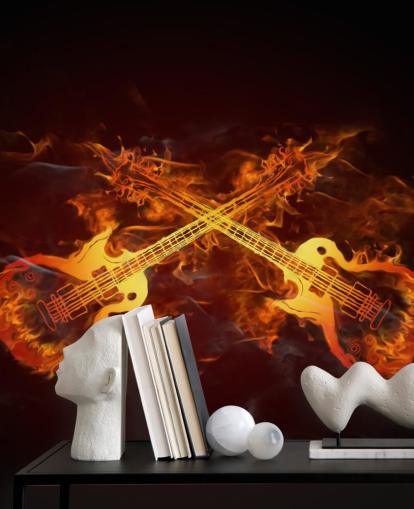 orange and red guitar wallpaper mural called Guitars on Fire at Wallsauce for bedrooms, bars and venues